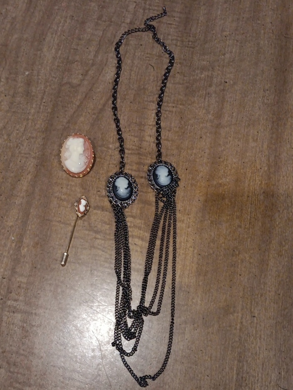 Long Black Cameo Pendant Necklace with Tassel Chains